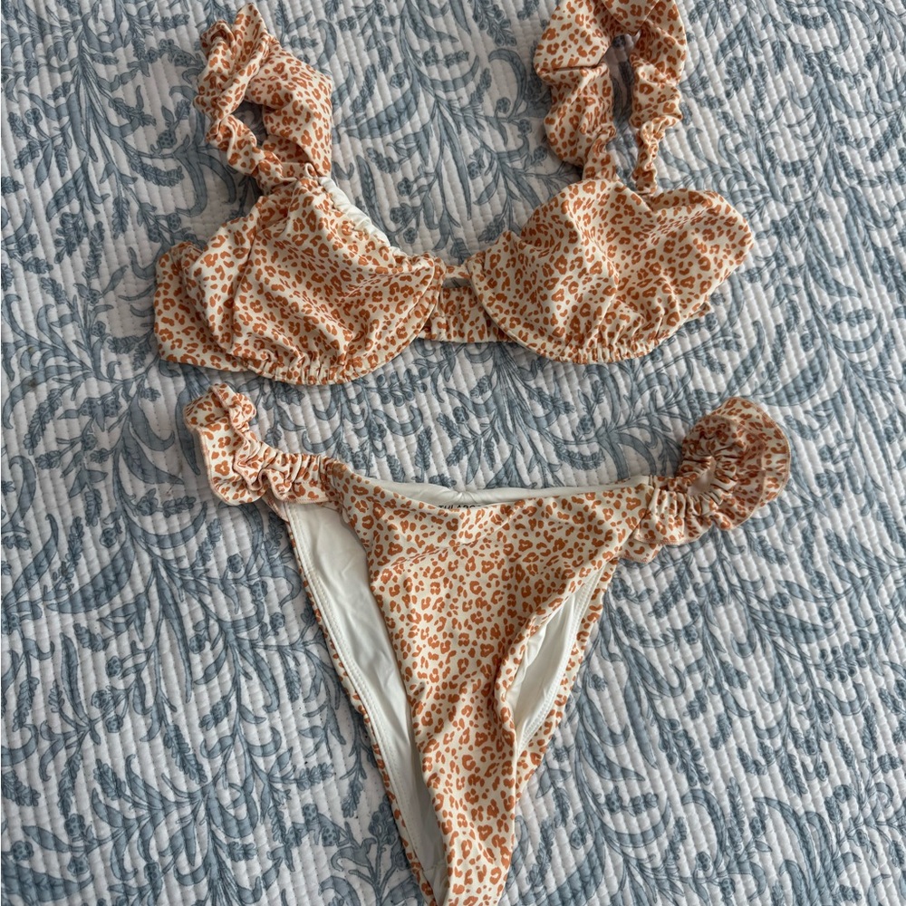 Tularosa Leopard-Print Ruffle Strap Bikini - Cream & Tan